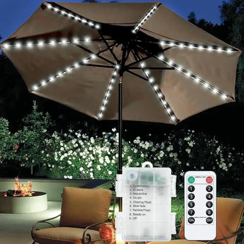 Luces para sombrilla, 104 LED impermeables, a pilas, con control remoto, 8 modos de iluminación para exteriores, patio, jardín y tiendas de campaña (blanco)
