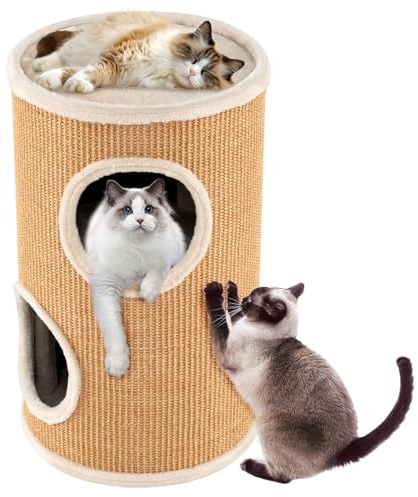 GOPLUS Tonneau à Gratter pour Chats avec 3 Niveaux, Tour pour Chat avec Perchoir Supérieur Spacieux, Trous d’Entrée et de Sortie, Arbre à Chat à 2 Couches en Sisal Naturel, Ø 36 (Marron, 60CM (H))