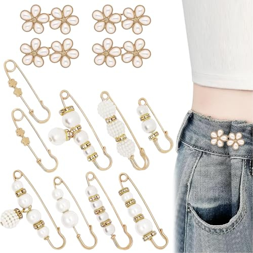 FrostyFlair Cinturón Ajustador de Pantalones, 13 Piezas Clip para Ajustar Pantalones & Nudo de Cintura, Set con Botones de Perlas para Jeans & Vestidos Sueltos, Reducción de Pantalones Reutilizable