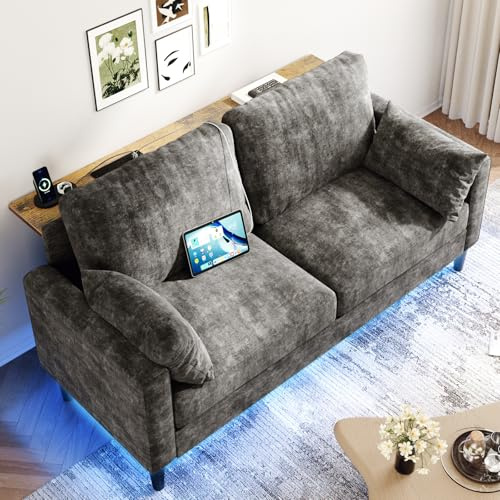 KKL 2 Seater Sofa with 2 AC Outlets and 2 USB Ports, Small Couch Loveseat with LED Lights, Chenille Sofas Couches with Console Table for Living Room, Easy Assembly, Grey