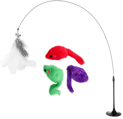 FANCY Jouet Chat Lot 4 Pièces – 3 Souris + Canne à Pêche pour Chat avec Plume et Ventouse – Jouet Chaton Intérieur, Jeux pour Chat