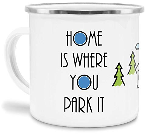Tassendruck Emaille Tasse Camping mit Spruch - Home is Where You Park it - Campingtasse/Geschenk für Camper/Tasse für Camping - Emaille groß Rand Silber