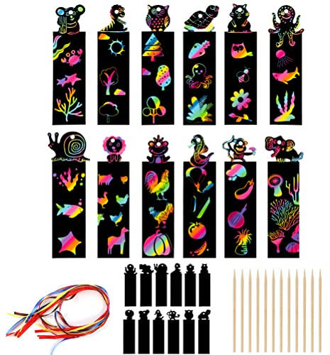 nuoshen 24 Stück Kratzbilder für Kinder, mit 24 Holzstiften, 24 Bändern, für Jungen und Mädchen, DIY, Party