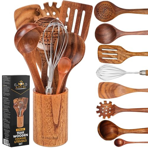 Teak Wooden Cooking Utensils Set - 9 Pieces–La Pelite Rose–Serving Spoons, Ladle, Spatulas, Whisk – Sturdy,Strong, Durable, Heat Resistant Kitchen Set-Housewarming Gift