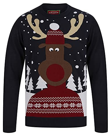 Men's Snow Sceene Rudolph Motif Novelty Christmas Jumper - Ink - S