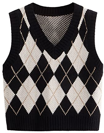 SweatyRocks Women's Plaid Geo Sleeveless V Neck Knit Crop Top Sweater Vest Black Beige S