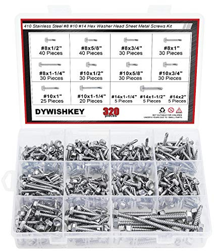 DYWISHKEY 320 Pieces 410 Stainless Steel #8#10#14 Hex Washer Head Self Drilling Sheet Metal Screws Assortment Kit