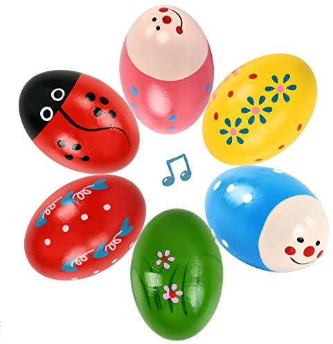 Ostereier aus Holz, 6 Stück Percussion Musical Easter Maracas Egg Shakers, Baby Musikspielzeug Holz Ei Shakers Ostereier Deko Bunt Rassel Spielzeug, für Ostern-Korb-Stuffers-Deko und Ostergeschenke