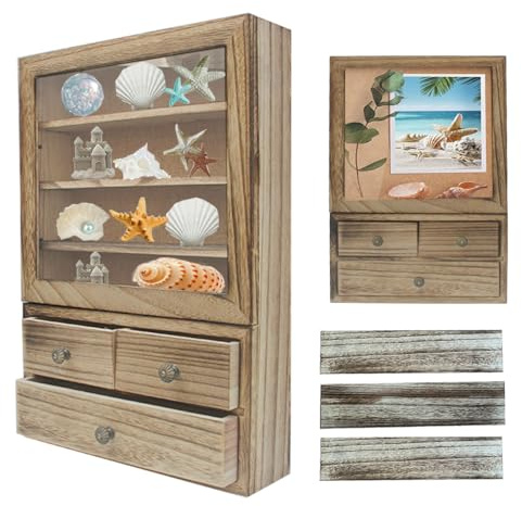 LITAITAI 11X16 Large Shadow Boxes Display Cases with 3 Shelves 3 Drawer,Wooden Acrylic Display Cases,Shadow Box with Shelves,Wedding ShadowBox (Carbon)