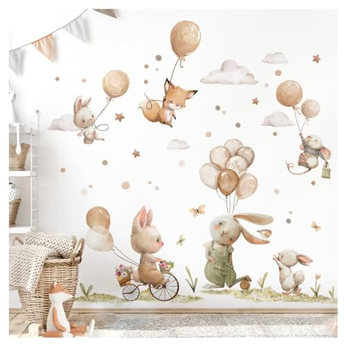 DEKO KINDERZIMMER Wandsticker Waldtiere Boho Wandtattoo Babyzimmer beige Luftballons Sterne Wandaufkleber Kinderzimmer selbstklebend Wanddeko DK1145-05