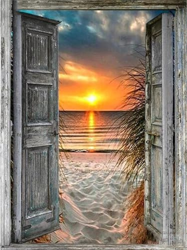 Xinyuer 5D Diamond Painting Porte Coucher Soleil Vue 5D DIY Broderie Diamant Kit Complet pour Adultes Enfants Point de Croix Diamant Peinture pour Décoration Intérieur 50x70cm