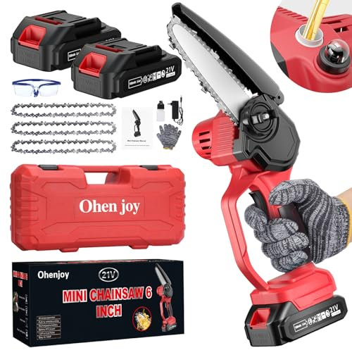 Mini motosierra inalámbrica de 6 pulgadas, motosierra de mano con engrasador automático, 2 baterías y 3 cadenas, motosierra eléctrica portátil para cortar árboles o madera, jardinería, regalo ideal