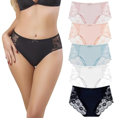 Chouchounel Culottes en Dentelle pour Femmes, Lot de 5, sous-Vêtements Confortables Taille Basse, Slips Hipster Élégants (FR/ES, Numérique, 38, Taille Normale, Taille Normale, Multicolore)