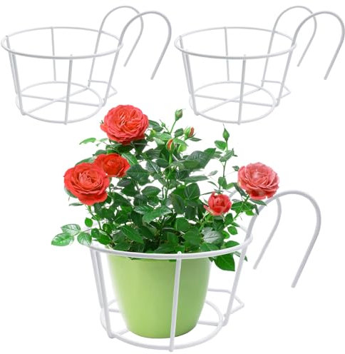 3 supporti per vasi da fiori, rotondi, per balconi, in metallo, per ringhiere rotonde, per fiori, per casa, balcone, giardino, ringhiere, recinzioni (bianco)