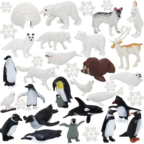 36 PCS Arctic Antarctic Ocean Sea Animal Figures Set, Mini Polar Animal Figurines with Snowflake, Mini Plastic Polar Animal Figurines Includes Penguin Polar Bear Seal Cake Toppers Christmas Birthday