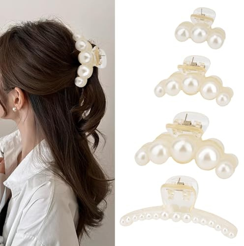 KEAHND Set Di 4 Fermagli Per Capelli Con Perle,Fermaglio Per Artigli Di Perle,Fermaglio Capelli Donna,Spessi Pinze Per Capelli Con Perle Resistenti Antiscivolo,Graziosi Fermagli Per Capelli Spessi