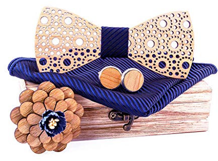 Nœud papillon en bois pour homme - Boutons de manchette en bois - Broche en bois - Mouchoir de poche pour mariage, spectacles, bal de fin d'année, fête et même usage quotidien, bleu foncé, taille
