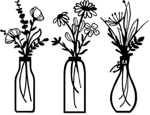 OUZHOU Flower Metal Wall Art, 3Pcs Black Metal Wall Art Decoration, Flower in Vase Wire Floral Line Hanging Wall Sculpture, Easy To Install Black Wall Decor Art for Living Room, Bathroom, Bedroom