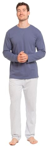 TRAMAS+ Pijama de Hombre Largo,100% Algodón, con Manga Larga y Pantalón Largo, Conjunto de Ropa para Dormir Entretiempo - L, Raya Fandi Azul