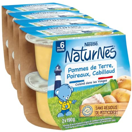 Nestlé - NaturNes Pommes de Terre Poireaux Cabillaud - Purée de Légumes et Poisson pour Bébé 6 Mois+ - Alimentation Bébé Naturelle Sans Sel Ajouté - Sans Colorant ni Conservateur - Fabriquée en France
