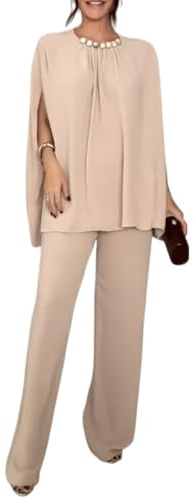 Ninimour Women Summer 2 Pieces Outfit Elegant Pearl Embellished Split Sleeve Top Casual Wide Leg Pants Set-Ap-M Apricot