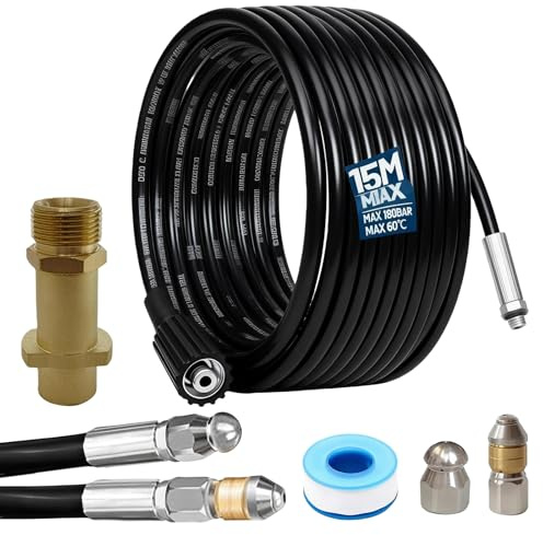 Tuyau Déboucheur Canalisation, 15 M Kit De Nettoyage De Canalisations, Kit Furet Professional Avec Ruban Adhésif, Adaptateur M22, Buses Jet Et Rotatives, Tuyau Haute Pression Compatible Avec K2-K7