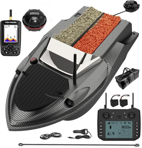 factildfulzhan Barco Cebador Pesca RC con GPS y Sonda, Lancha Teledirigida Carpfishing, 180 Puntos GPS, Alcance 800 m, Liberación de Cebo 3 kg, Doble Motor, Casco ABS, Luces LED