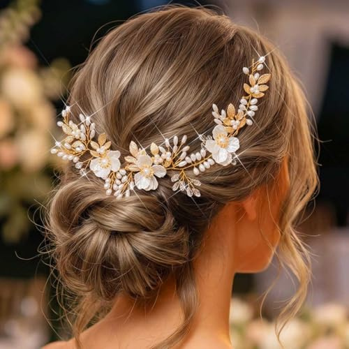 Unsutuo Gold Flower Headbands Pearl Bridal Hair Vine Leaves Hair Accessories for Women and Girls
