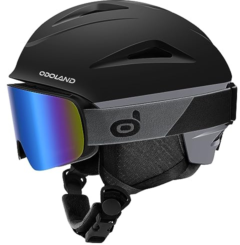 Odoland Ski Helmet, Snowboard Helmet with Ski Goggles for Adults and Youth, Audio Compatible, Shockproof, Windproof, Safety Snow Sports Helmet and Protective Glasses for Men Women, Black, S