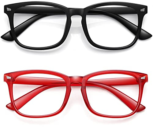WOWSUN Unisex Stylish Nerd Non-prescription Glasses, Eyeglasses Frames, Fake Glasses (2020-A2 2 Pack/ Glossy Black Frame Clear Lens + Red Frame Clear Lens, 53)