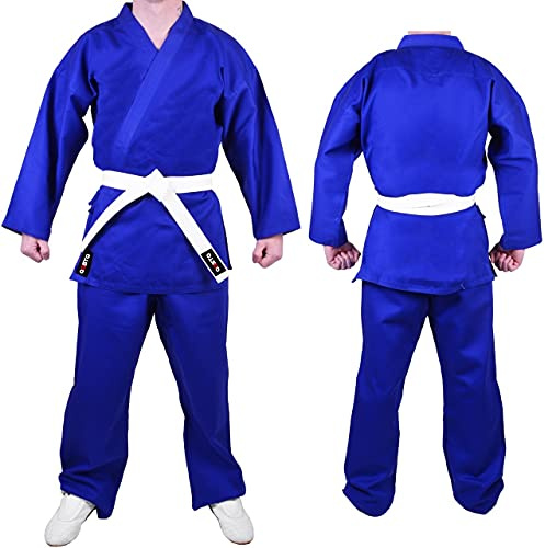 Aasta Karate Gi Suit Uniform Martial Arts Kit with white belt Polyester Cotton Blend, Light Weight, Judo Taekwondo karate suits for Kids (Blue, 3/160)
