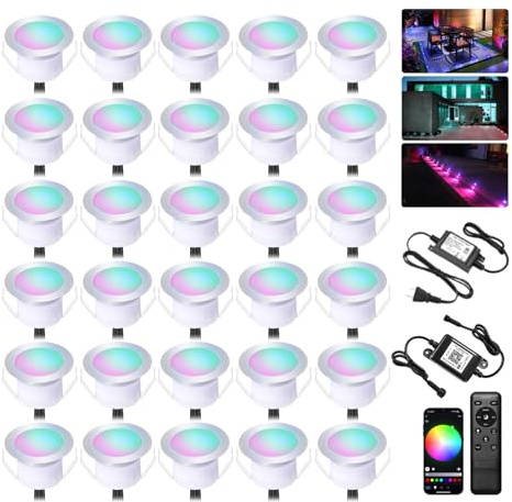 INDARUN Deck Lights Outdoor Waterproof 30 pcs, Φ1.22 RGB Smart 12V Low Voltage LED Recessed Deck Lighting with Remote, Work with Alexa/Google, Outdoor Step Stair Lights for Floor Landscape Lighting