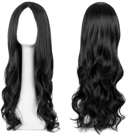 EUPSIIU Lange Gewellt Schwarz Perücke für Frauen Mädchen 27’’ Lange Lockige Volle Haar Gewellt Hitzebeständig Perücke Cosplay Kostüm Charmante Perücke für Tägliche Karneval Fasching (Schwarz)