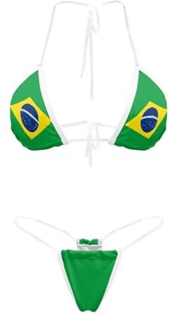 Suhoaziia Conjunto de bikini con tirantes transparentes y micro tangas brasileñas, traje de baño para mujer, sexy, sin línea bronceada, Bandera de Brasil, L