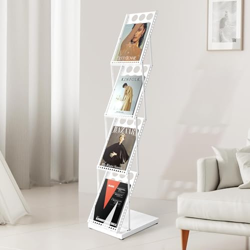 xdgeLoad A4 Folding Brochure Display Stand Magazine Rack 4 Pockets Literature Holder Book Stand Floor Stand with Carrying Bag for Office, Trade Show, Exhibitions (White)