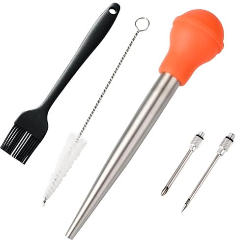 SPUVGVC Baster per tacchino, siringa per cottura in acciaio inox, con lampadina in silicone, con spazzola per la pulizia, spazzola per barbecue e aghi per marinata, per cuocere a casa e cucina,