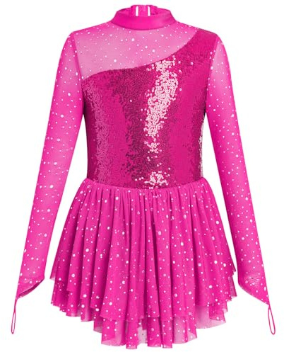 Odizli Abito da Balletto per Ragazze a Maniche Lunghe con Paillettes e Glitter, Costume da Ginnastica, Balletto in Mesh, Tutu, Abito da Ballo, Pattinaggio su Ghiaccio, rosso rose, 7-8 Anni