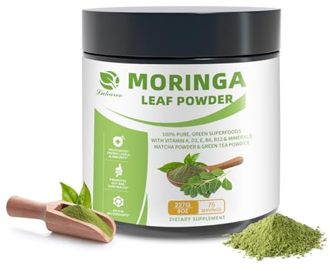 Moringa Powder & Matcha Powder, Multi-Green Superfoods with Green Tea Resveratrol - Energy and Digestive Support, Rich in Antioxidants and Vitamin A D3 E B6 B12 Calcium, Non-GMO, Vegan, 8 oz