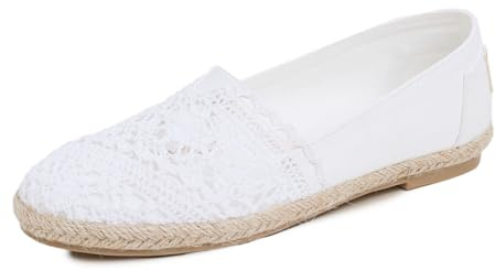 Feversole Women's Close Toe Espadrilles Women's Comfort Breathable Slip On Flats Shoes White Canvas with Knit Crochet Jute Size 6