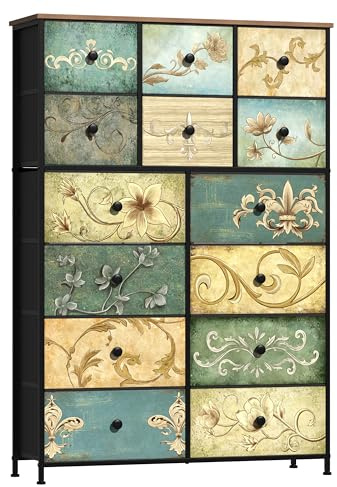 VEDECASA Chest of Drawers with 14 Drawers,Dresser for Bedroom with Floral Print, Fabric Dresser Storage Organizer with Wood Top,Drawer storage unit for Bedroom, Living room, Metal Frame