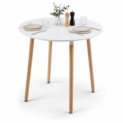 buybyroom White Small Round Dining Table for 2-4, 80 x 80 x 74cm, Small Kitchen Table for Space Saving, Kitchen Home Restaurant, with Beech Wood Legs and Adjustable Anti-Scratch Foot Pads