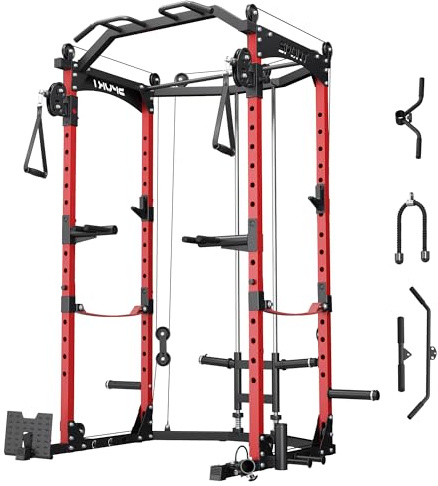 Power Rack, 1600LBS Capacity Squat Rack for Home Gym with Cable Crossover, Pull-up Bar, Multifunctional Home Gym Equipment with Attachments (Red)