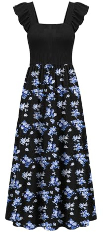 AUSELILY Vestido Maxi Verano Escote Cuadrado Volantes Sin Mangas Bolsillos | Vestido Maxi Casual De Playa,Elegante Vestido Fluido De Vacaciones,Tela Suave Transpirable,Varios Estampados