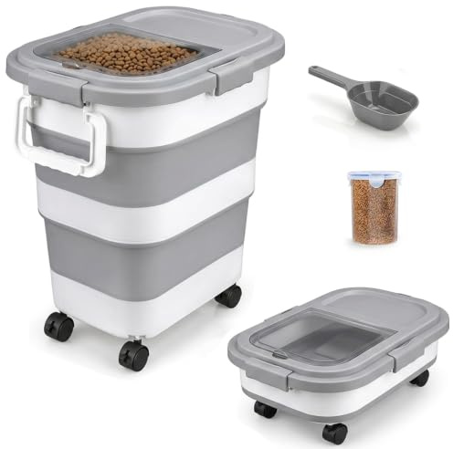 FUSHITON Grande Boite Croquettes Chien Pliable avec Roulettes 24L – Conteneur Hermétique pour Nourriture Sèche avec Clip & Joint Silicone, Incl. Pelle + Verre Mesureur 1000ml, Repliable Gris