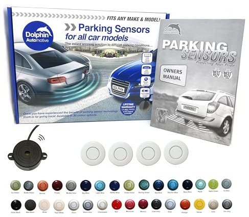 Dolphin Automotive DPS400 Reverse Parking Sensors Auto Express Award Winning In 32 Colours 4 Ultrasonic Radar Sensors Kit Audio Alert System Matt & Gloss Black +30 More Colours (White)