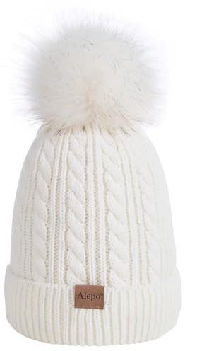 Alepo Kids Winter Beanie Hat, Children's Warm Fleece Lined Knit Thick Ski Cap with Pom Pom for Boys Girls (White)