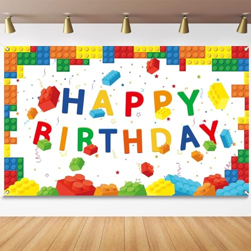 chiazllta Building Blocks Happy Birthday Banner Colorful Blocks Birthday Party Decorations Backdrop Photography Background for Children Kids Boys Girls Building Block Theme Party Supplies, 71 x 43 Inc