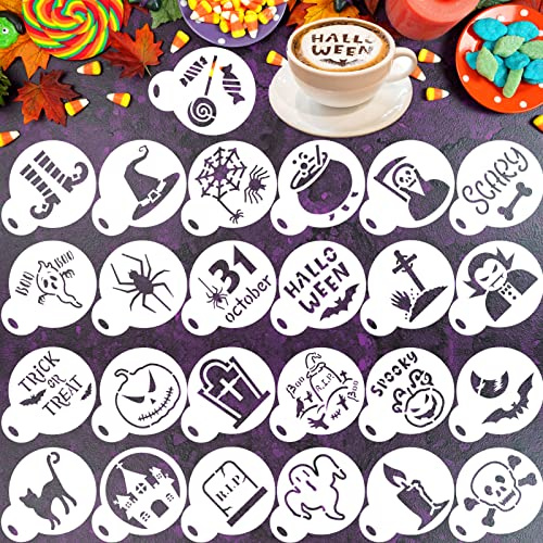 Qpout 25pcs Halloween Cookie Coffee Stencil Baking Templates, Reusable Washable Cake Candy Drawing Templates, Trick or Treat Skull Ghost Spider Dessert Decorating Painting Mold Spray Tools