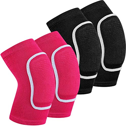 2 Pair Elbow Pads Volleyball Sport Breathable Protective Support Gel Pad Arm Compression Sleeves for Teen Girls Boys Basketball Football Skating(Black, Rose Red)