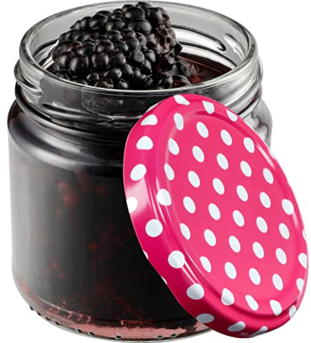 KADAX Tarros Pequeños de 200 ml, Botes de Cristal con Tapa Hermética de 66 mm para Miel, Conservas, Especias y Mermeladas (10 Unidades, Puntos Rosas)